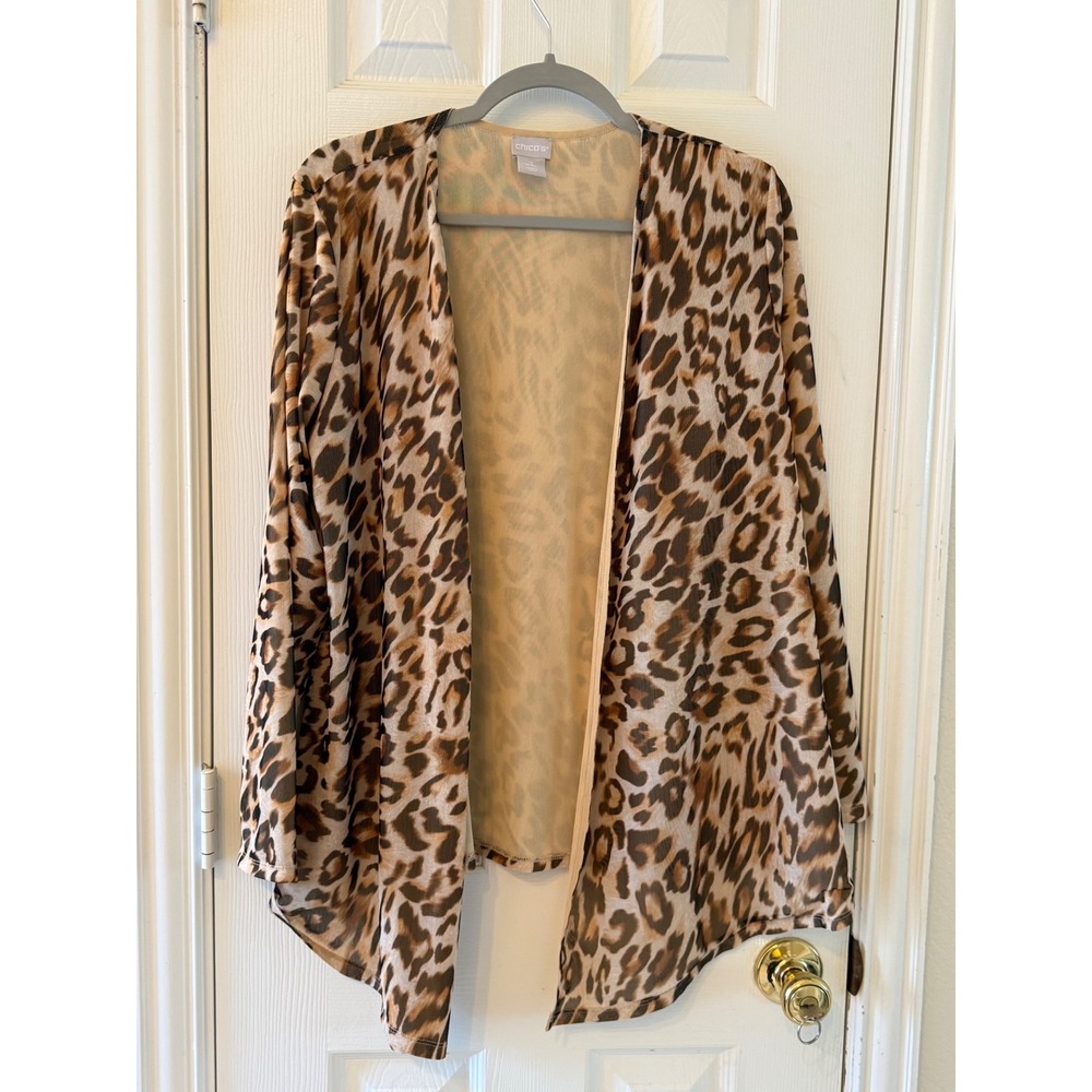Chico's Leopard Print Open‎ Front Cardigan Women's Size 1 Stretch Mesh Layering